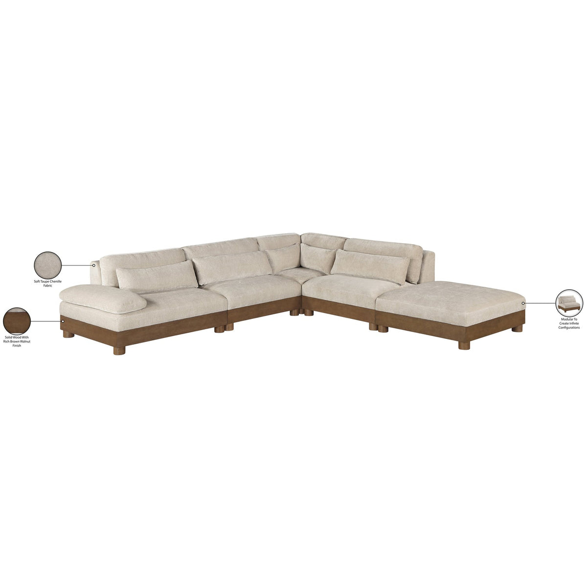 Turin 120in Taupe Chenille Fabric Upholstered 5 Piece Modular Sectional Sofa
