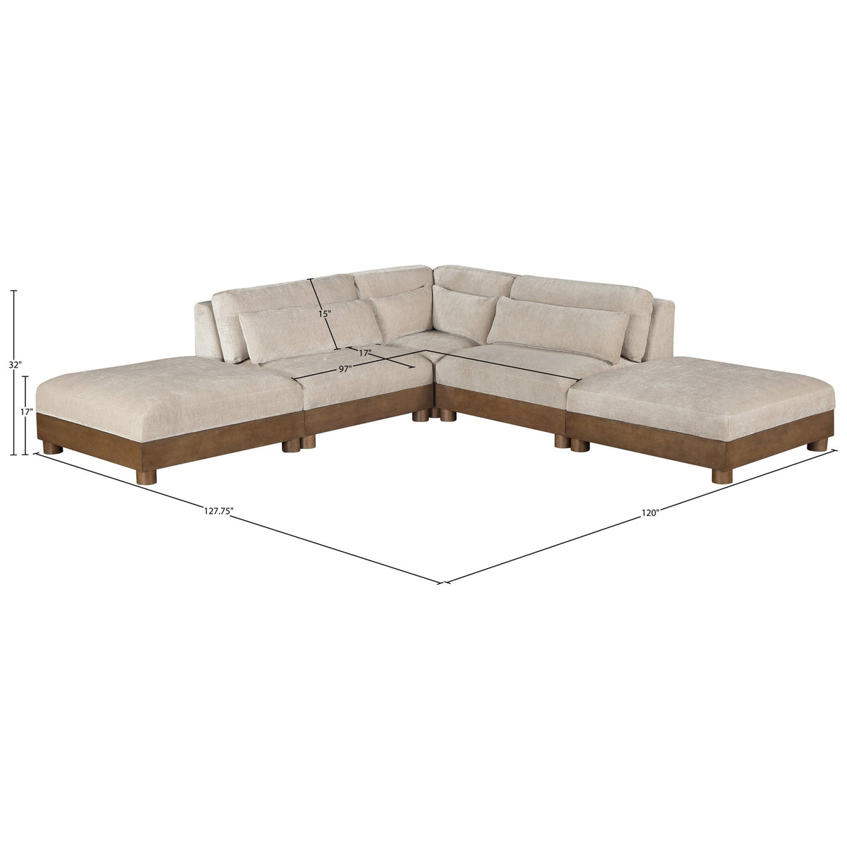 Turin 120in Taupe Chenille Fabric Upholstered 5 Piece Modular Sectional Sofa