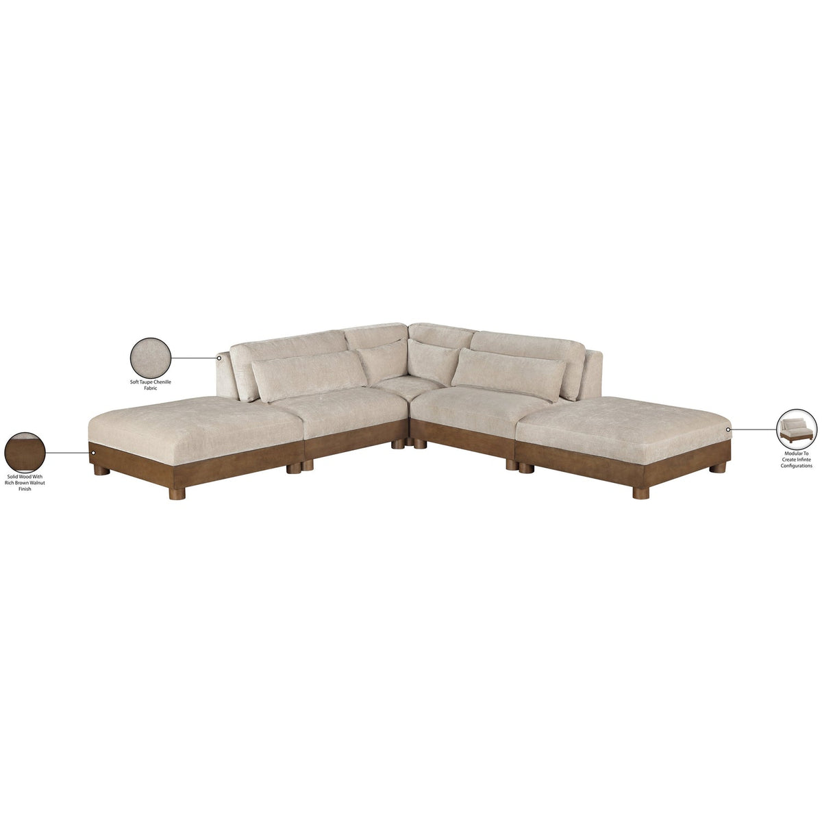 Turin 120in Taupe Chenille Fabric Upholstered 5 Piece Modular Sectional Sofa
