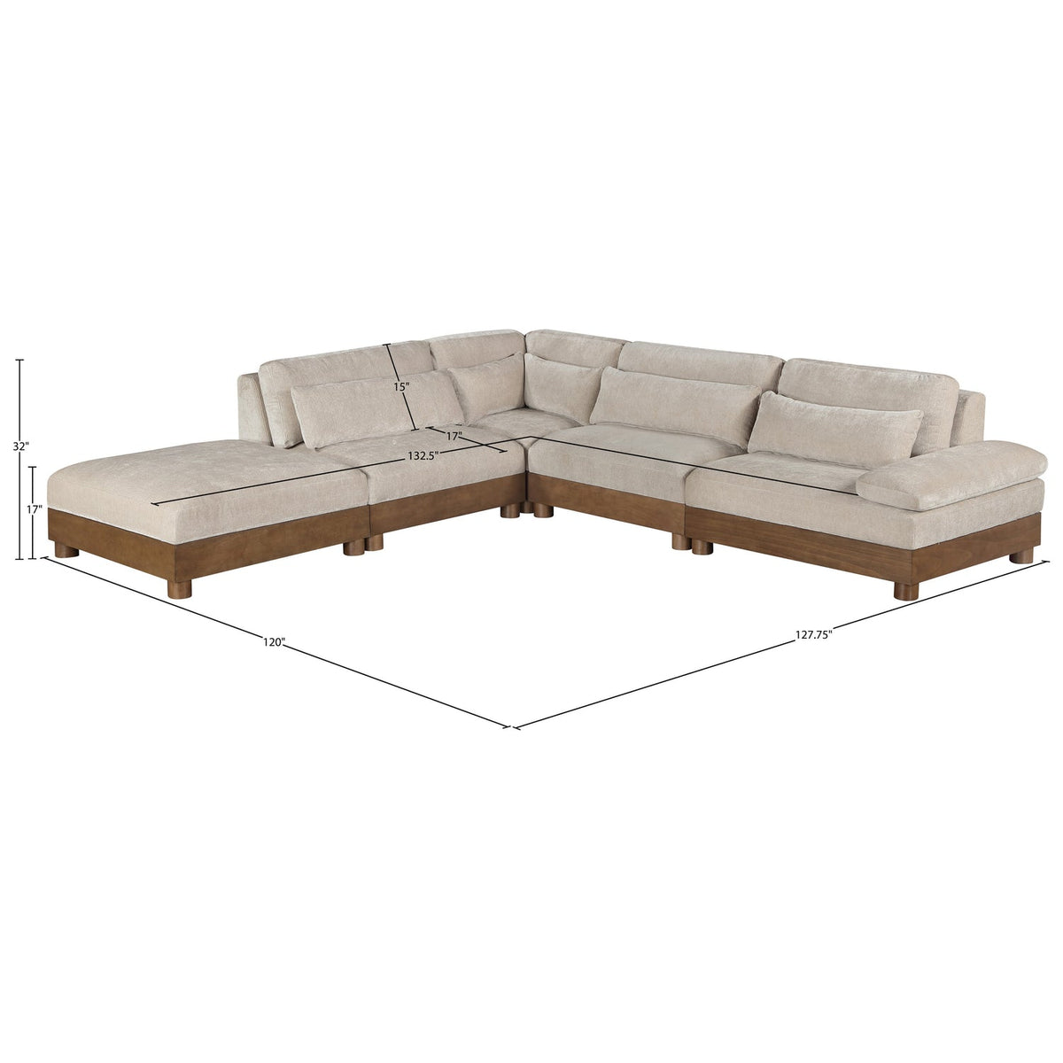 Turin 127.75in Taupe Chenille Fabric Upholstered 5 Piece Modular Sectional Sofa