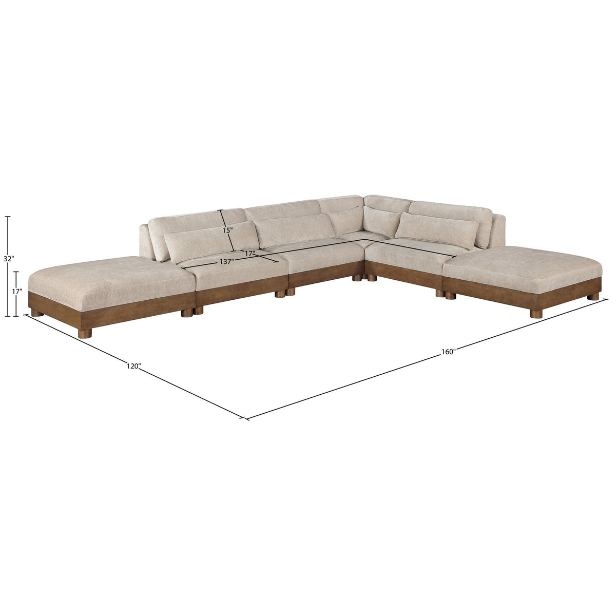 Turin 160in Taupe Chenille Fabric Upholstered 6 Piece Modular Sectional Sofa