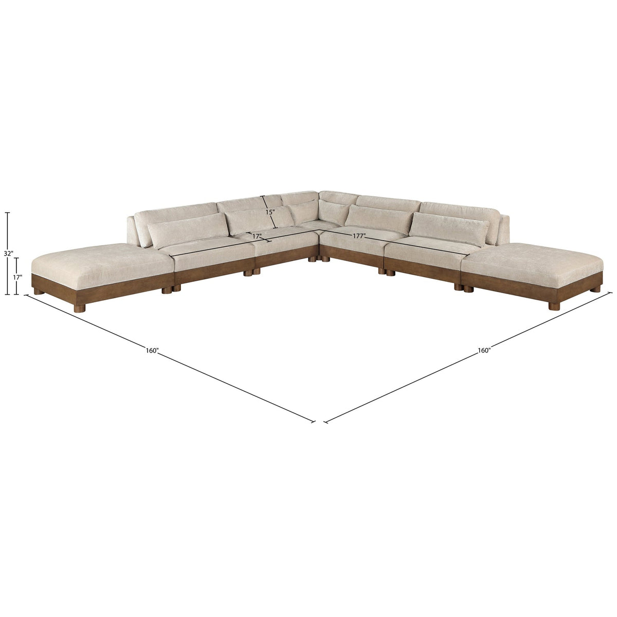 Turin 160in Taupe Chenille Fabric Upholstered 7 Piece Modular Sectional Sofa