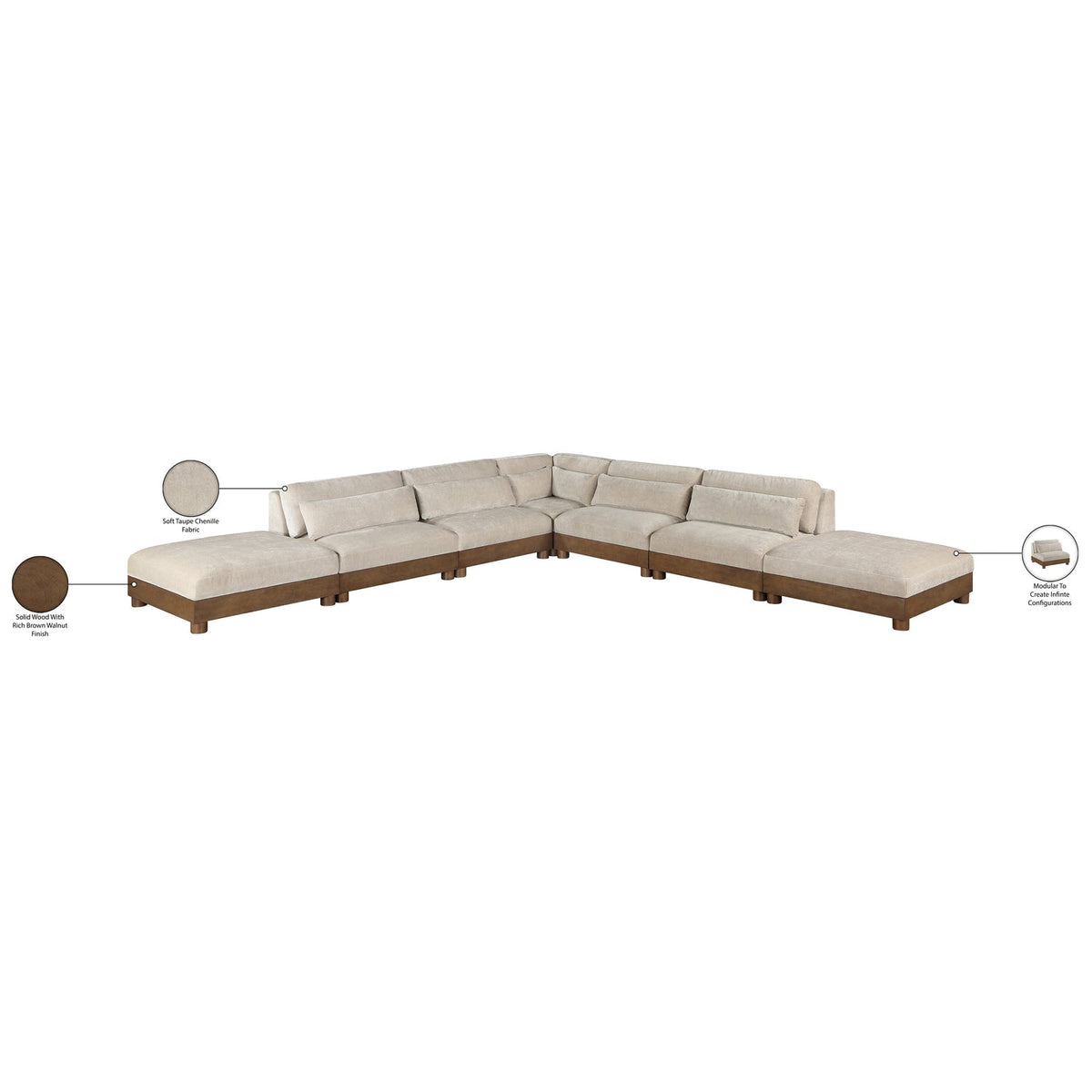 Turin 160in Taupe Chenille Fabric Upholstered 7 Piece Modular Sectional Sofa