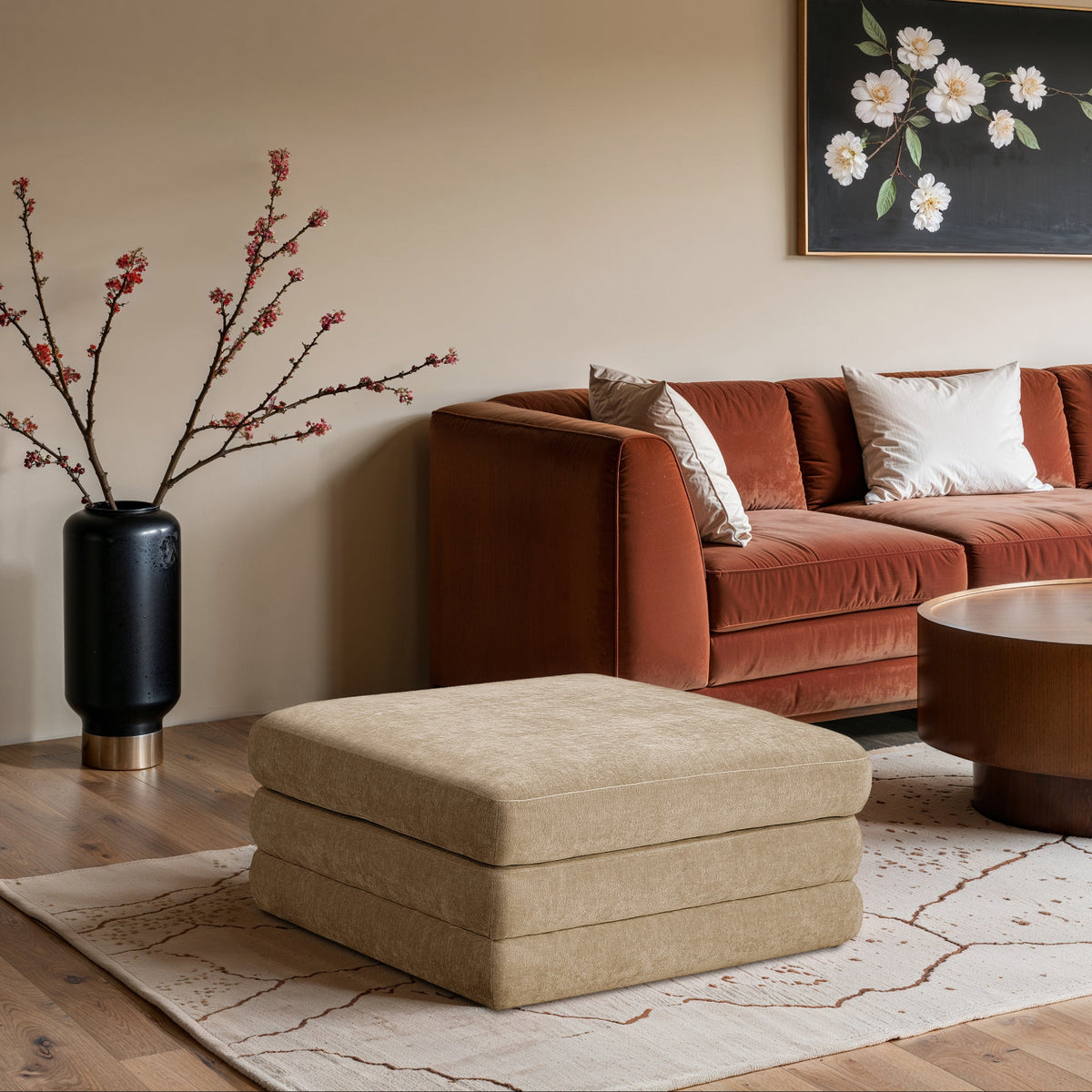 Stellar Beige Chenille Fabric Upholstered Modular Ottoman