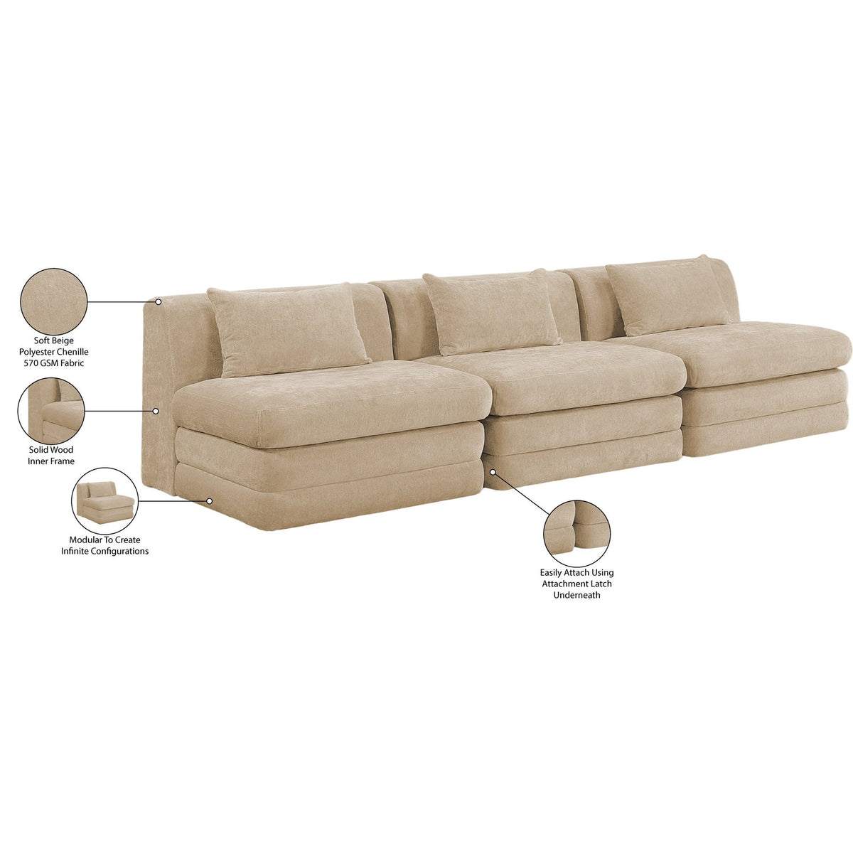 Stellar 11 4in Beige Chenille Fabric Upholstered 3 Piece Modular Sofa
