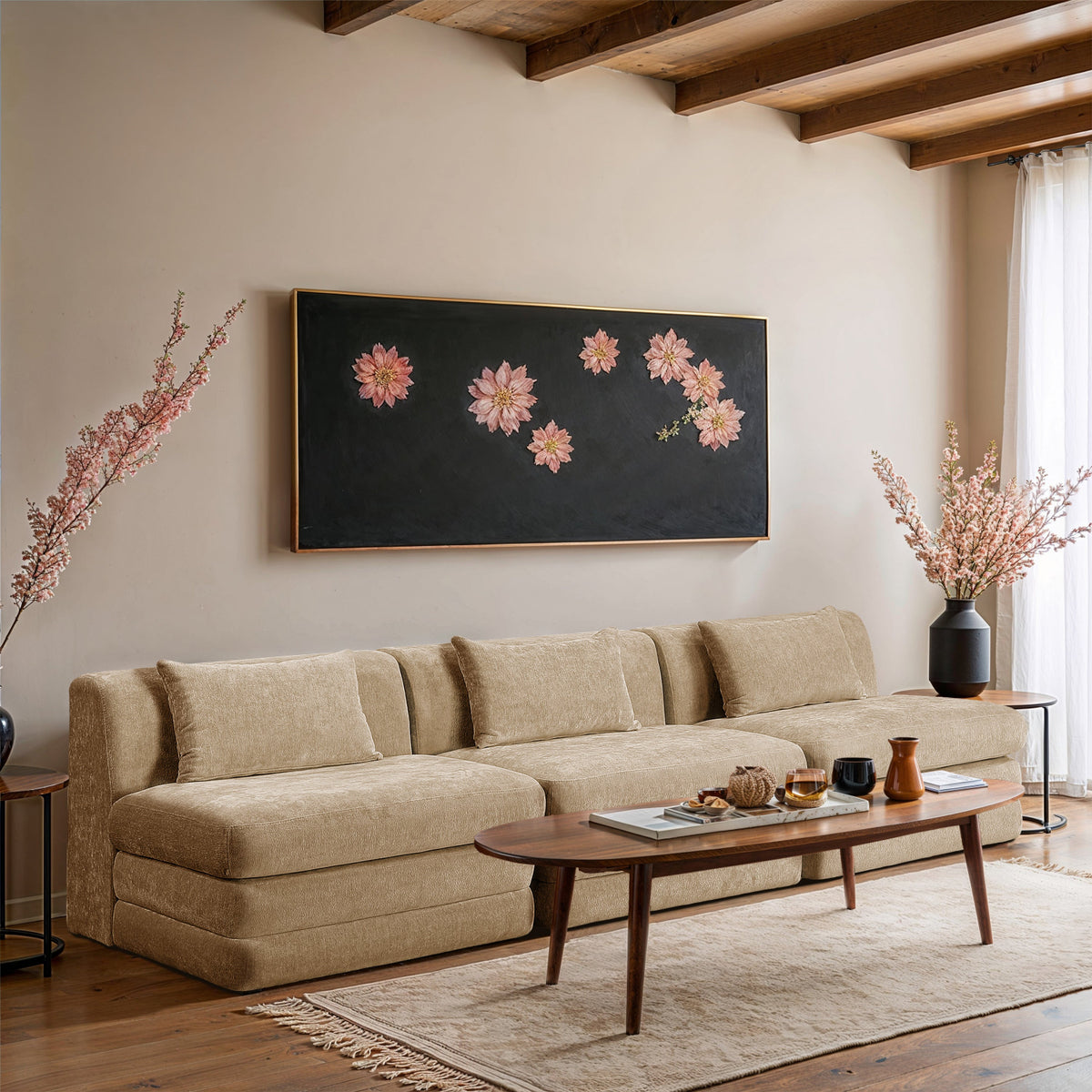 Stellar 11 4in Beige Chenille Fabric Upholstered 3 Piece. Modular Sofa