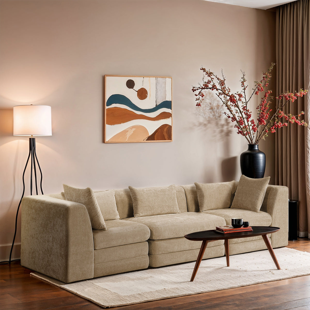 Stellar 11 4in Beige Chenille Fabric Upholstered 3 Piece. Modular Sofa