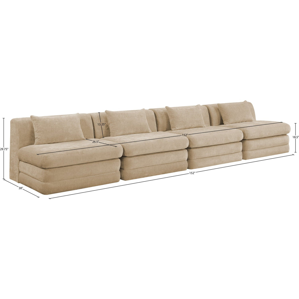 Stellar 152in Beige Chenille Fabric Upholstered 4 Piece Modular Sofa