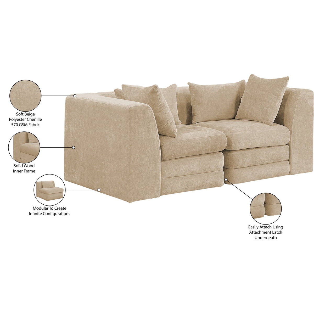 Stellar 76in Beige Chenille Fabric Upholstered 2 Piece Modular Sofa