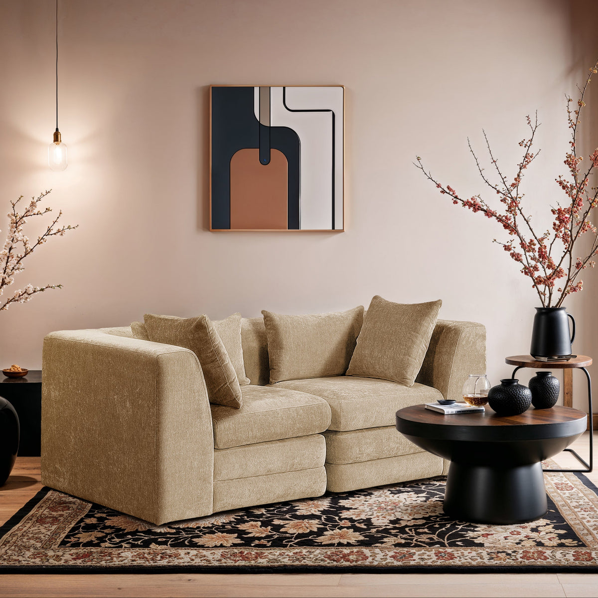 Stellar 76in Beige Chenille Fabric Upholstered 2Piece Modular Sofa