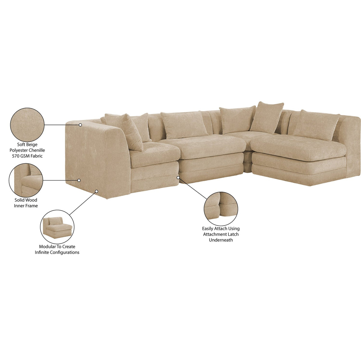 Stellar 114in Beige Chenille Fabric Upholstered 4 Piece Modular Sectional Sofa