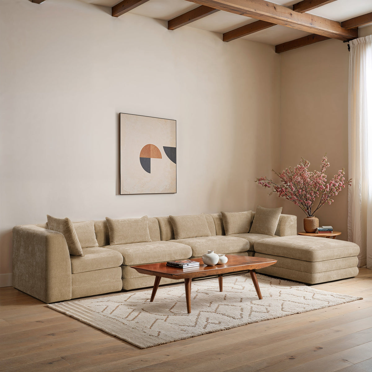 Stellar 152in Beige Chenille Fabric Upholstered 5 Piece Modular Sectional Sofa