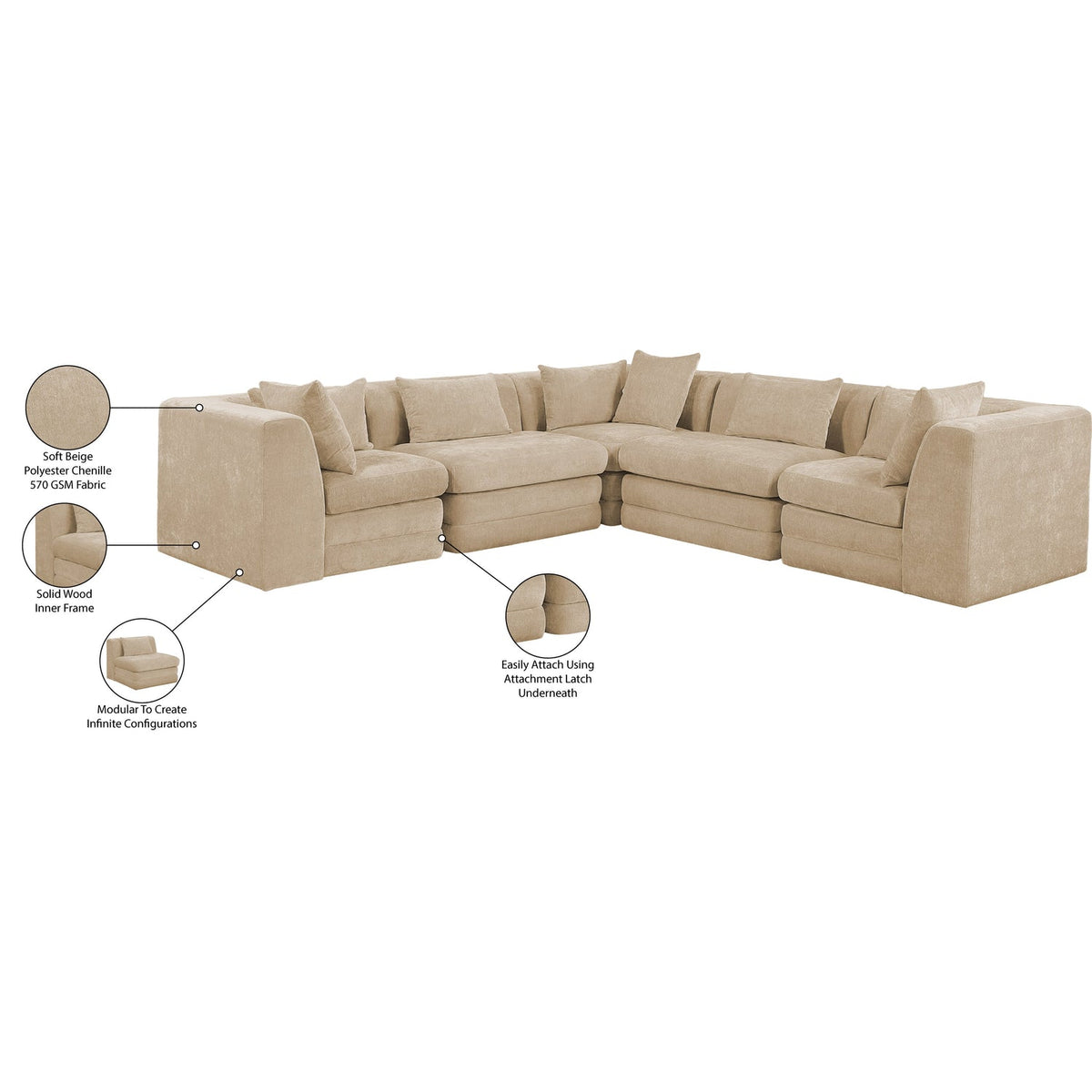 Stellar 114in Beige Chenille Fabric Upholstered 5 Piece Modular Sectional Sofa