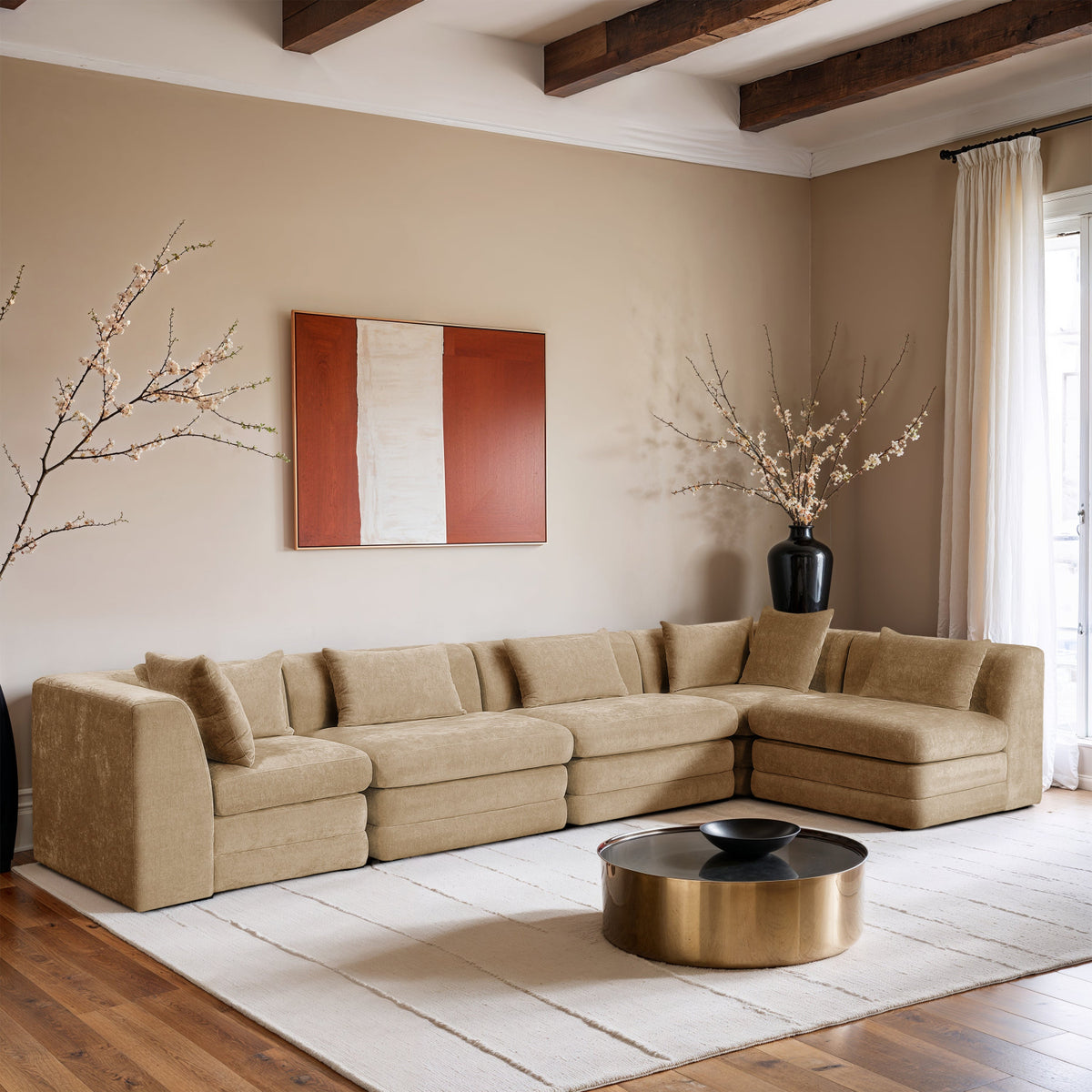 Stellar 152in Beige Chenille Fabric Upholstered 5 Piece Modular Sectional Sofa