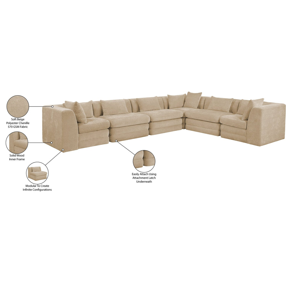 Stellar 152in Beige Chenille Fabric Upholstered 6 Piece Modular Sectional Sofa