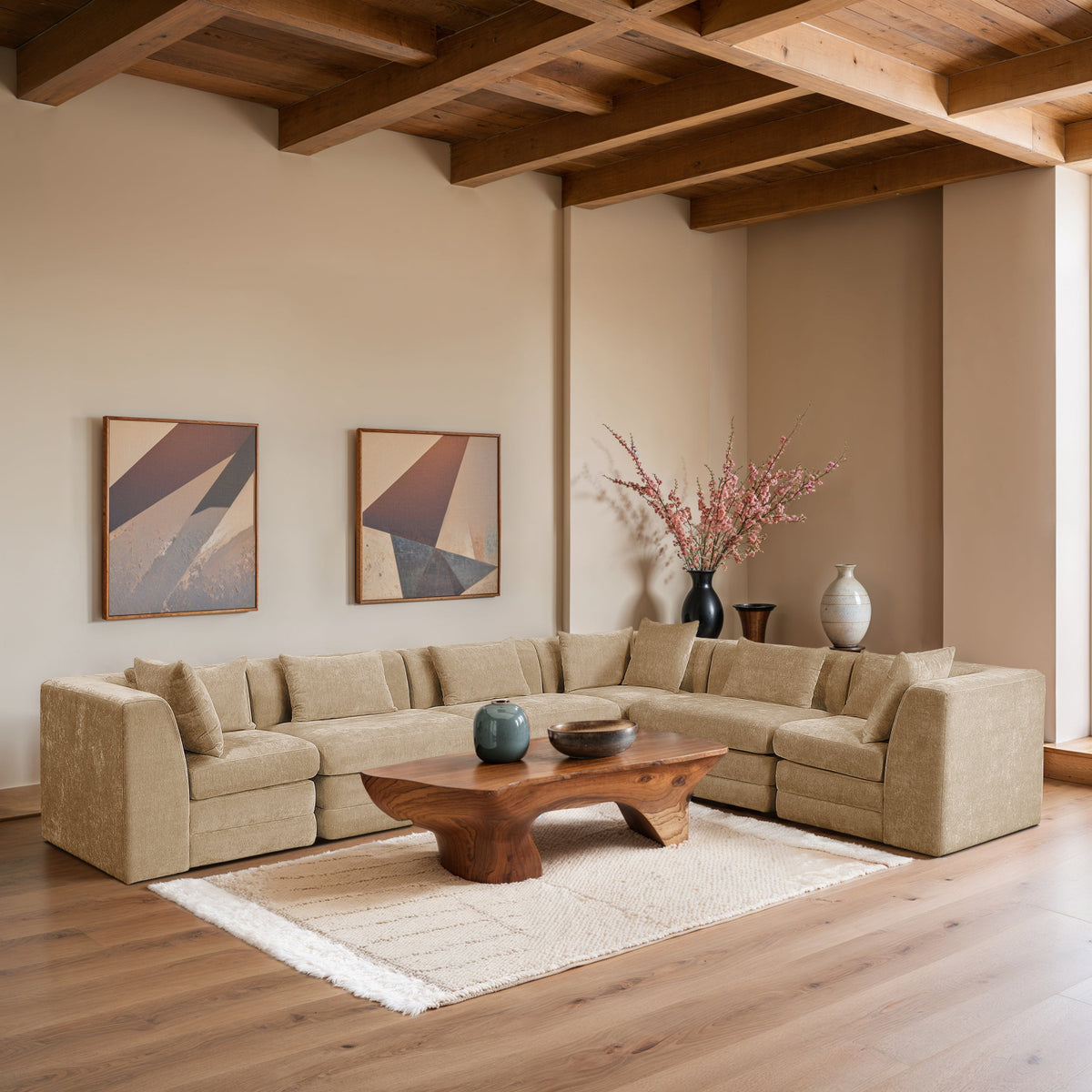 Stellar 152in Beige Chenille Fabric Upholstered 6 Piece Modular Sectional Sofa
