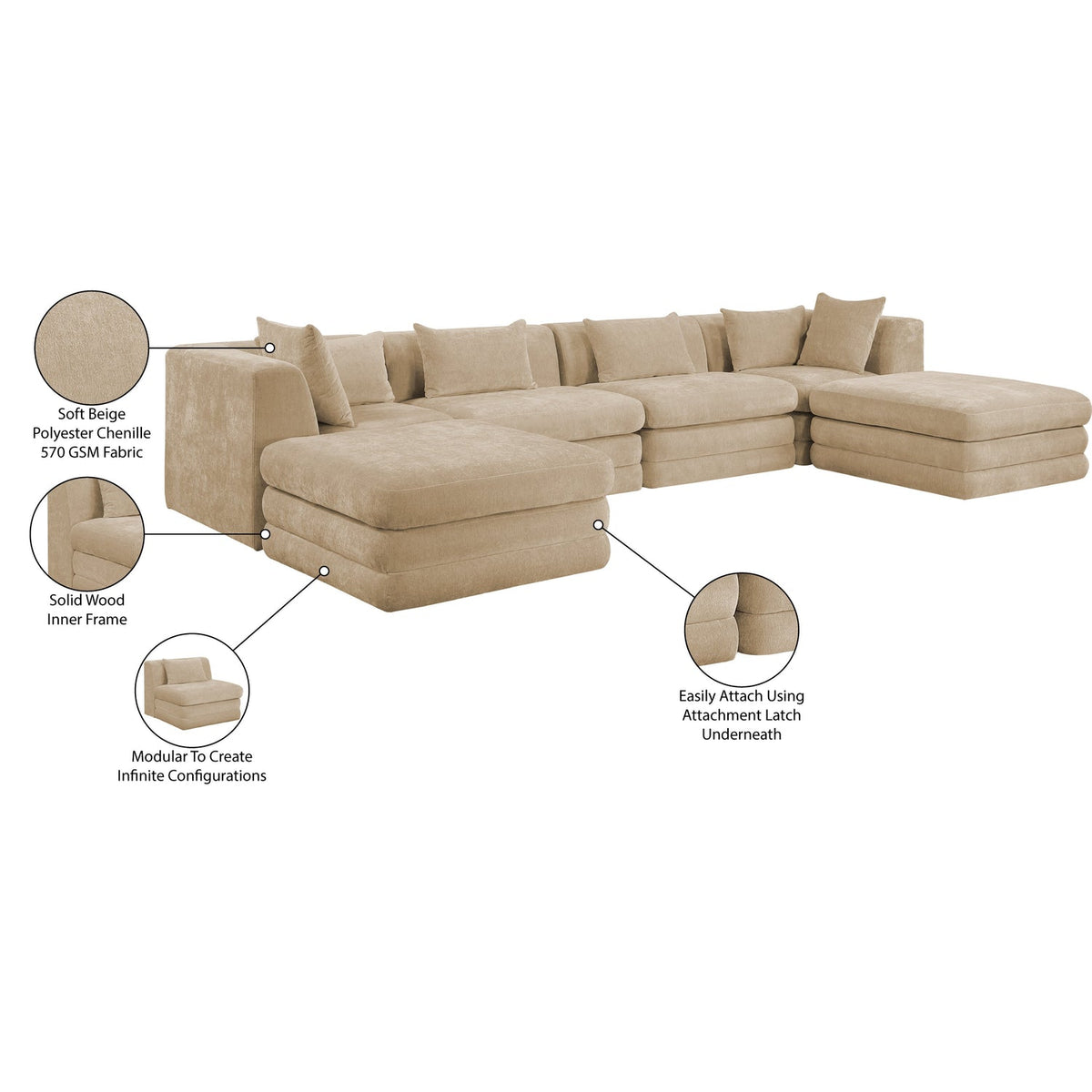 Stellar 152in Beige Chenille Fabric Upholstered 6 Piece Modular Sectional Sofa