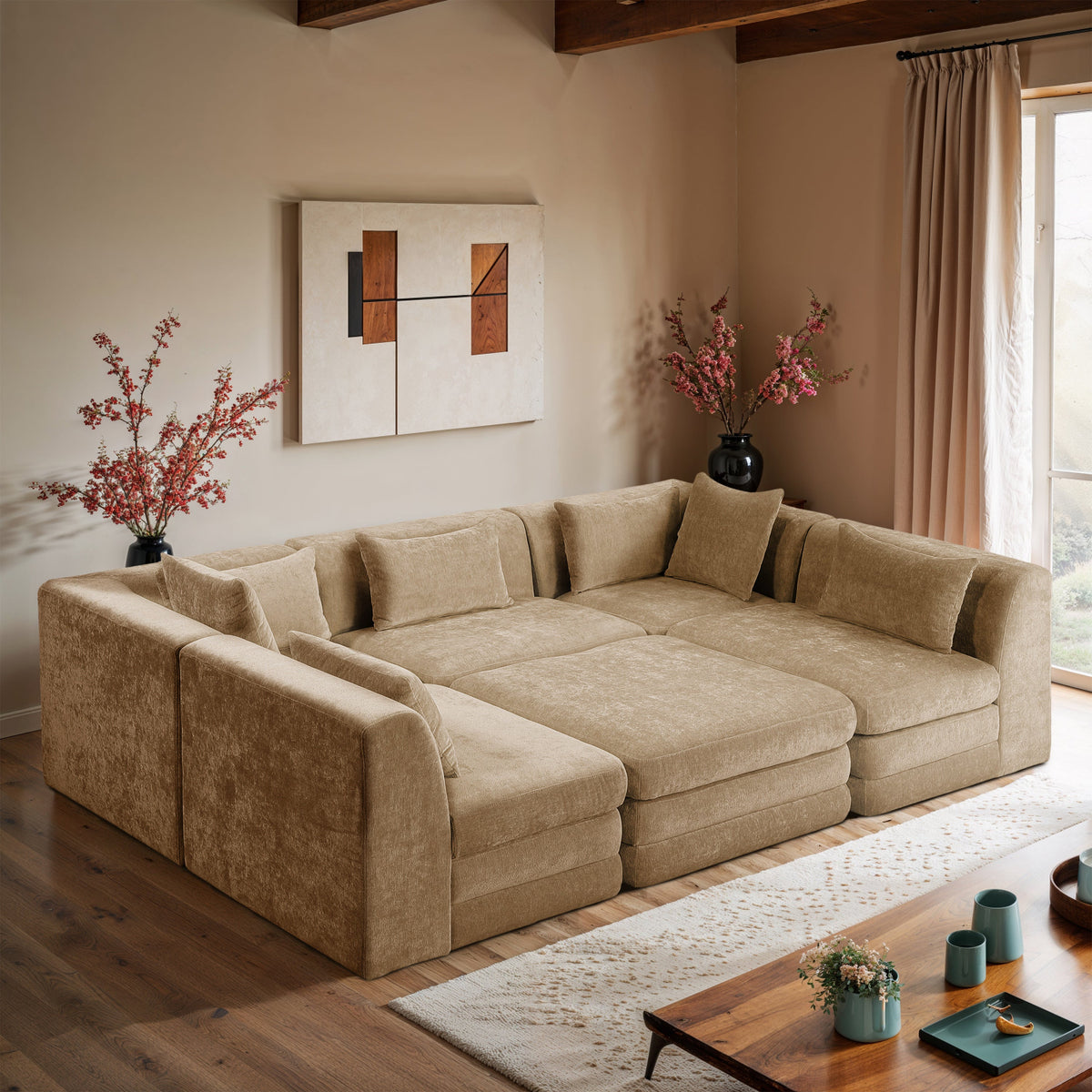 Stellar 114in Beige Chenille Fabric Upholstered 6 Piece Modular Sectional Sofa