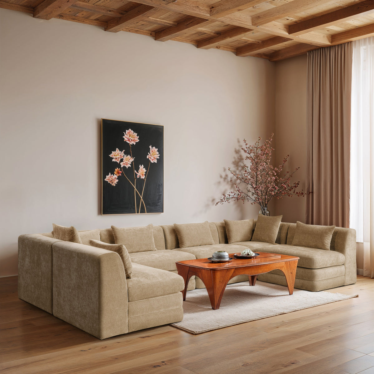 Stellar 152in Beige Chenille Fabric Upholstered 6 Piece Modular Sectional Sofa