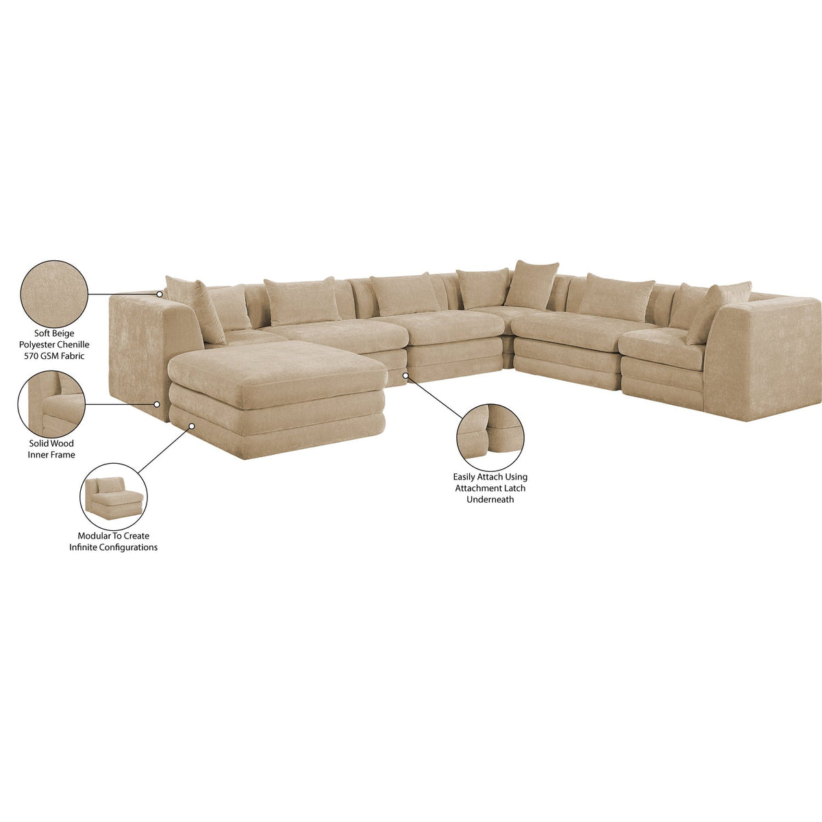 Stellar 152in Beige Chenille Fabric Upholstered 7 Piece Modular Sectional Sofa