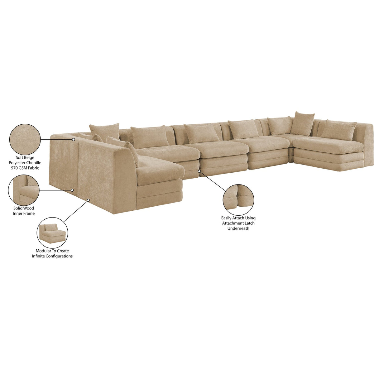 Stellar 190in Beige Chenille Fabric Upholstered 7 Piece Modular Sectional Sofa