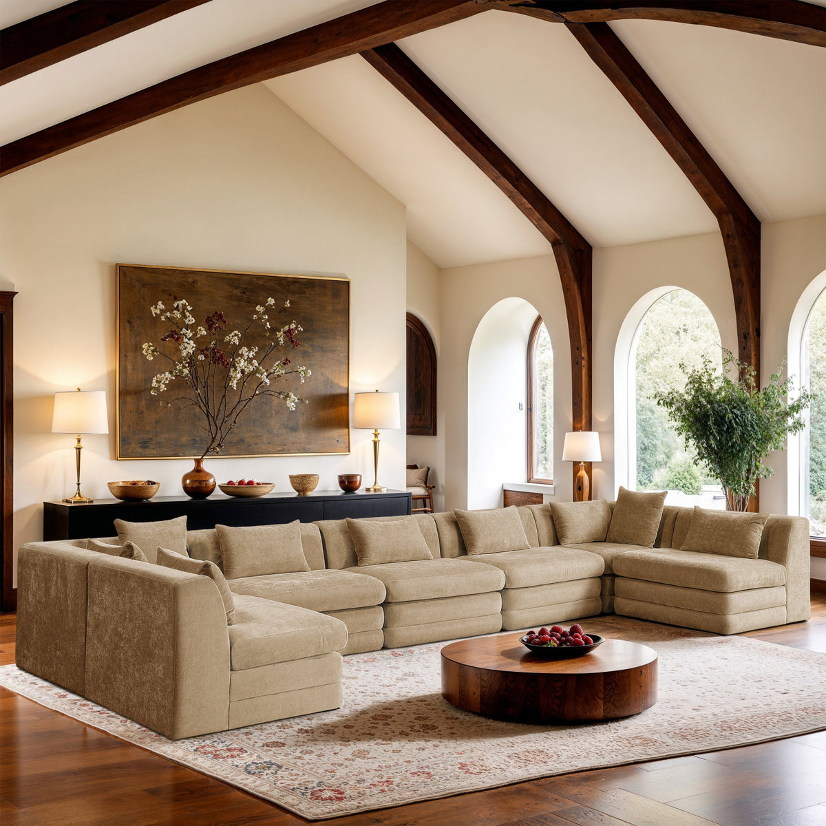 Stellar 190in Beige Chenille Fabric Upholstered 7 Piece Modular Sectional Sofa