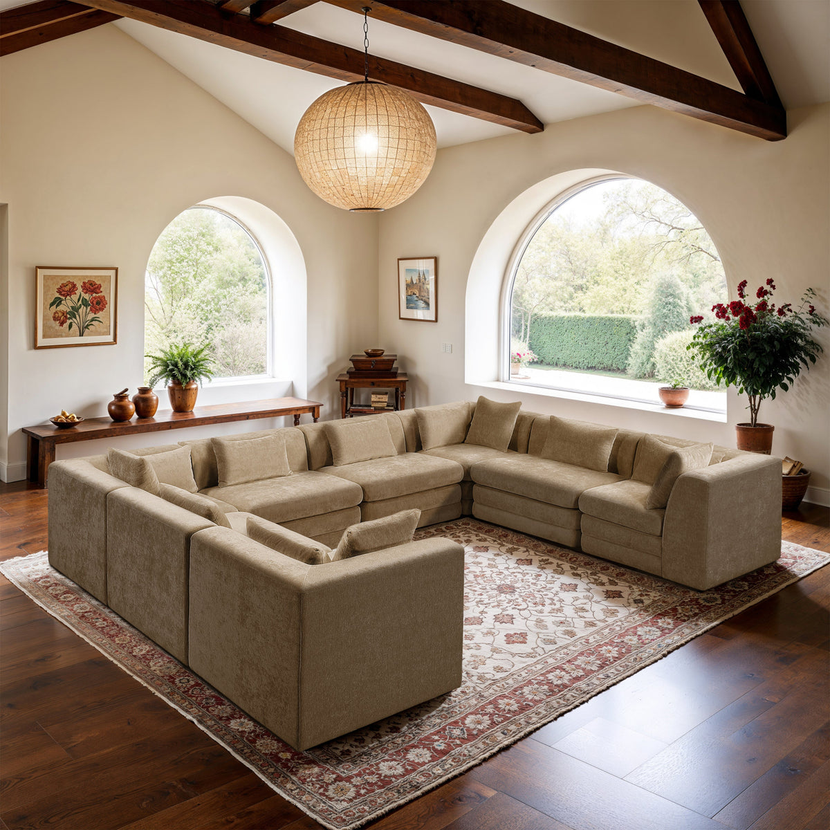 Stellar 152in Beige Chenille Fabric Upholstered 8 Piece Modular Sectional Sofa