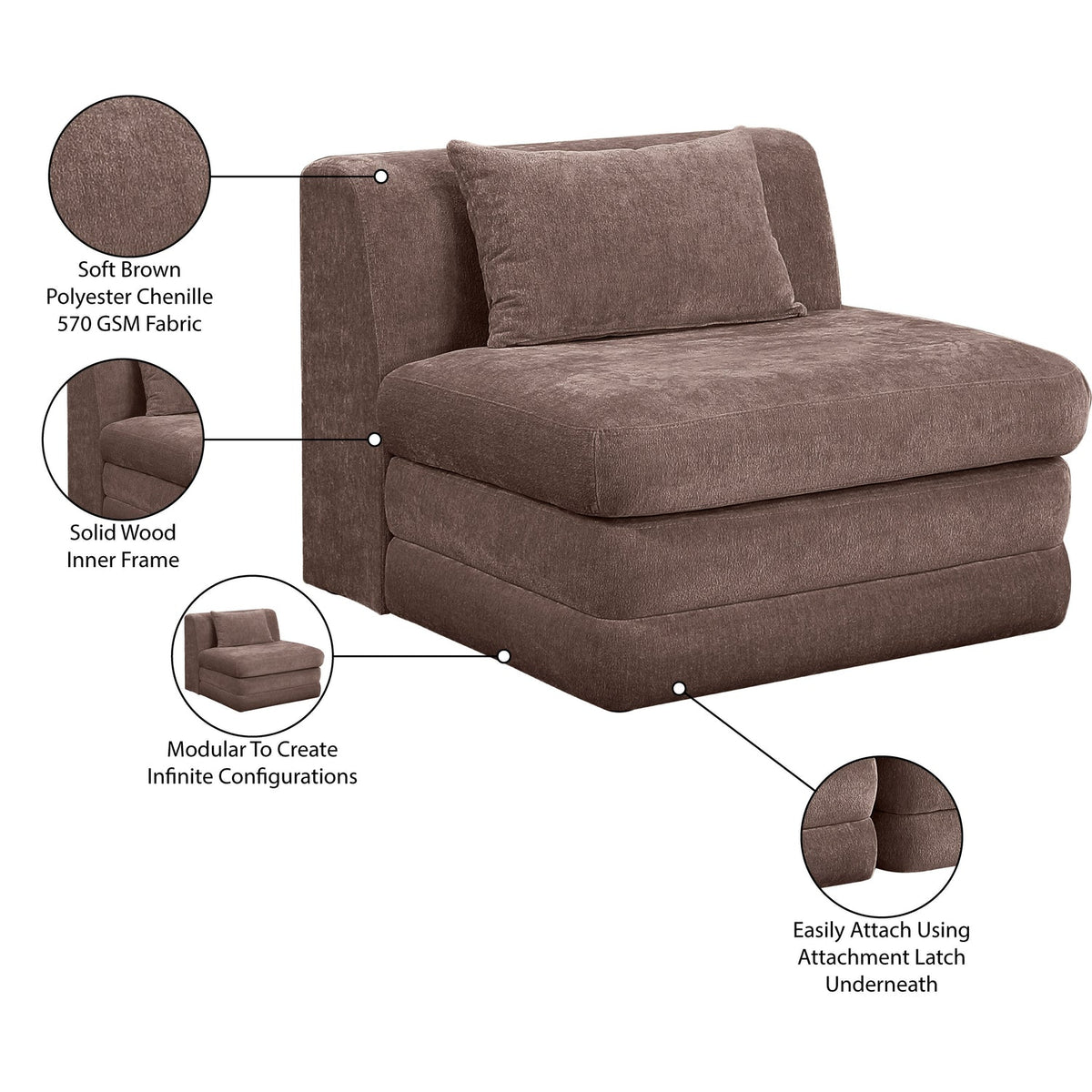 Stellar Brown Chenille Fabric Upholstered Modular Armless Chair