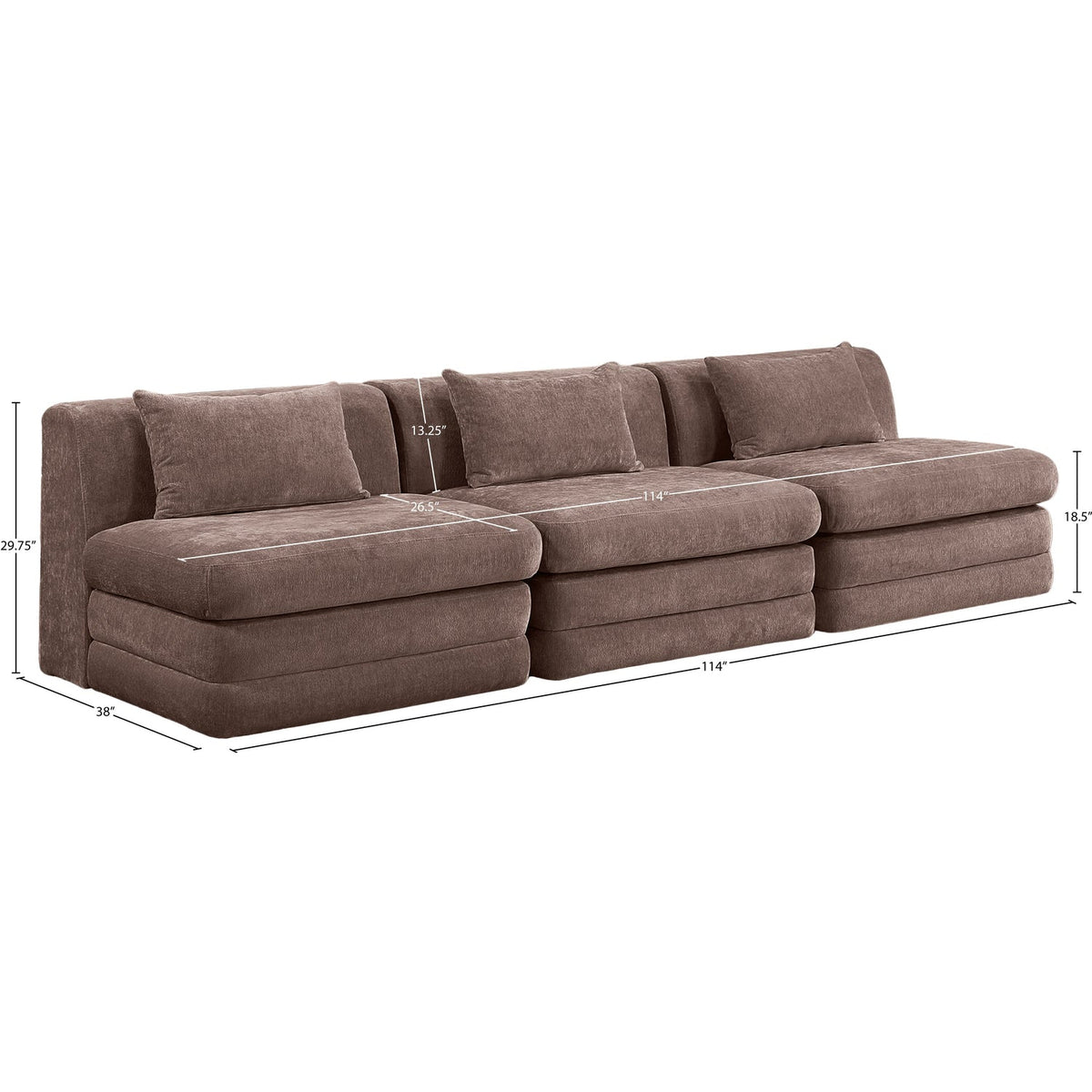 Stellar 11 4in Brown Chenille Fabric Upholstered 3 Piece Modular Sofa