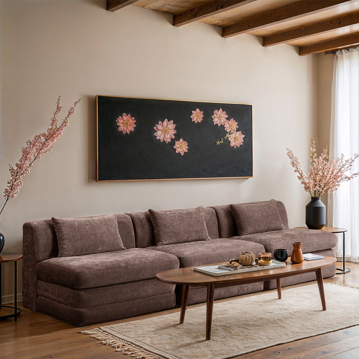 Stellar 11 4in Brown Chenille Fabric Upholstered 3 Piece. Modular Sofa