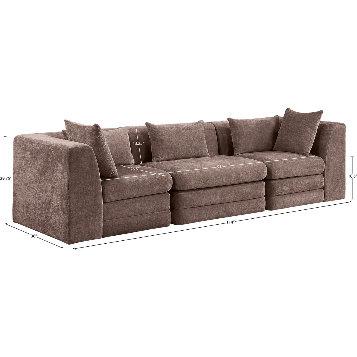 Stellar 114in Brown Chenille Fabric Upholstered 3 Piece Modular Sofa