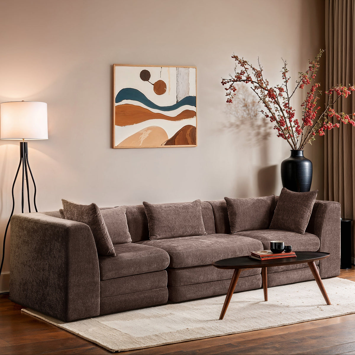 Stellar 11 4in Brown Chenille Fabric Upholstered 3 Piece. Modular Sofa