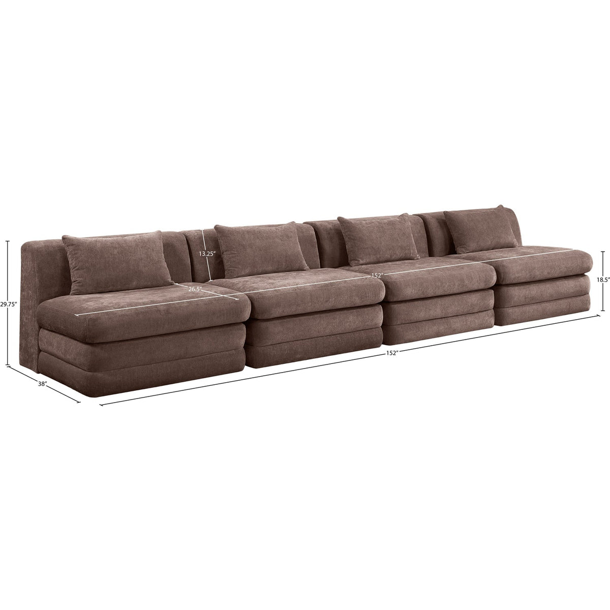 Stellar 152in Brown Chenille Fabric Upholstered 4 Piece Modular Sofa