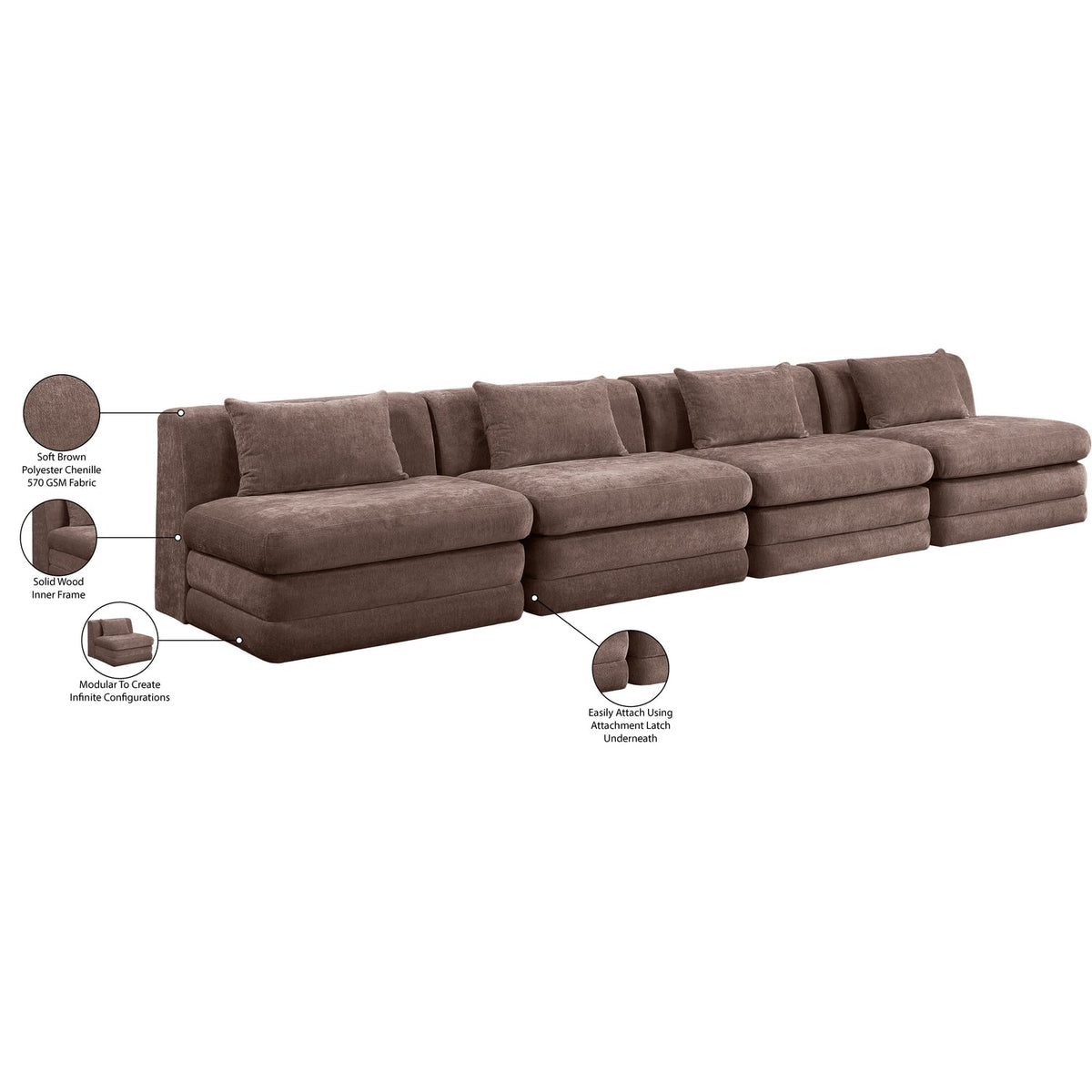 Stellar 152in Brown Chenille Fabric Upholstered 4 Piece Modular Sofa