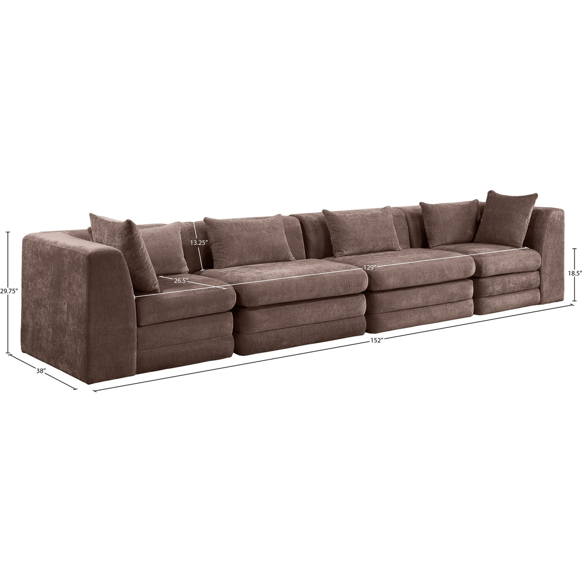 Stellar 152in Brown Chenille Fabric Upholstered 4 Piece Modular Sofa