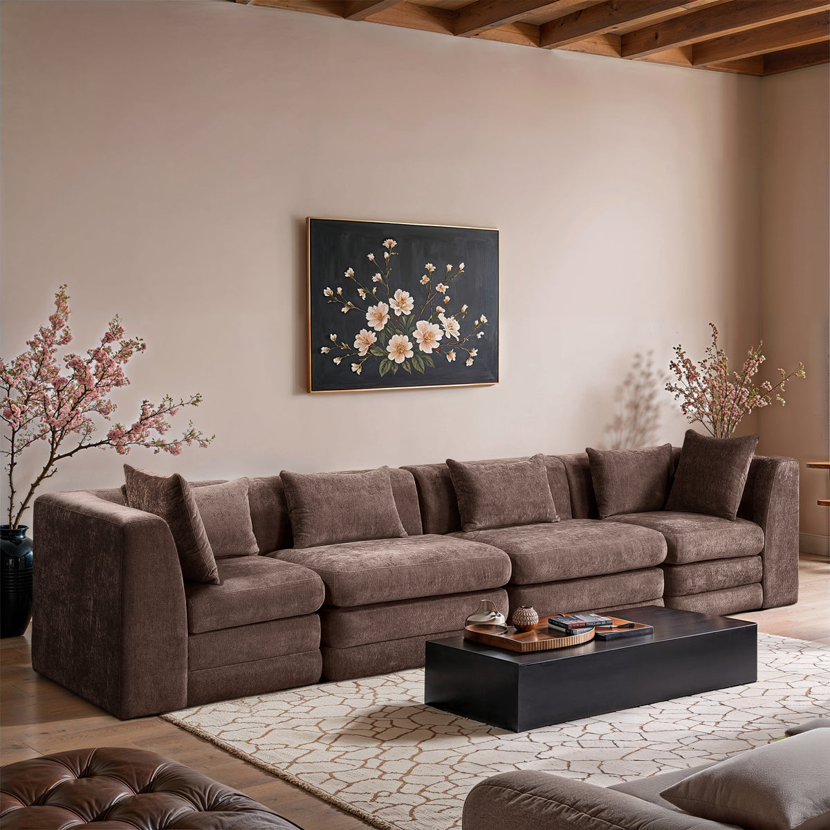 Stellar 15 2in Brown Chenille Fabric Upholstered 4 Piece. Modular Sofa