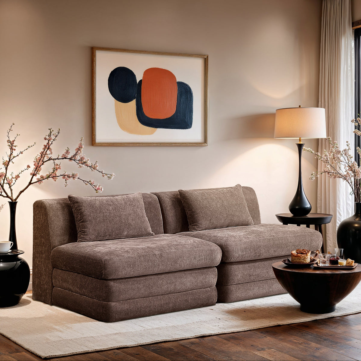 Stellar 7 6in Brown Chenille Fabric Upholstered 2Piece. Modular Sofa