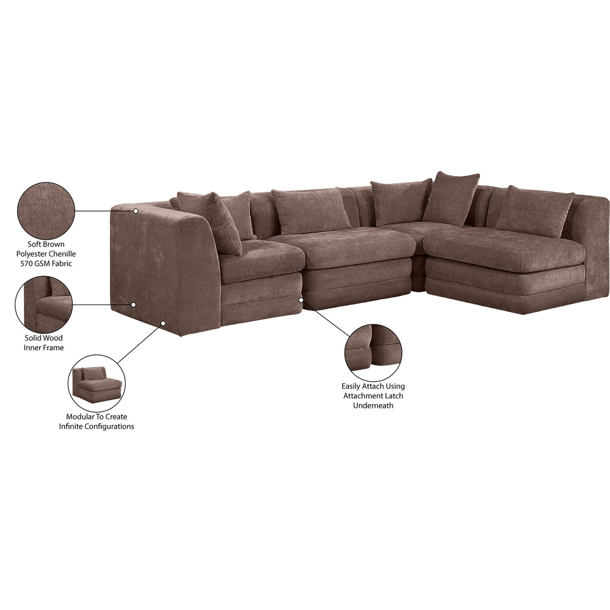 Stellar 114in Brown Chenille Fabric Upholstered 4 Piece Modular Sectional Sofa