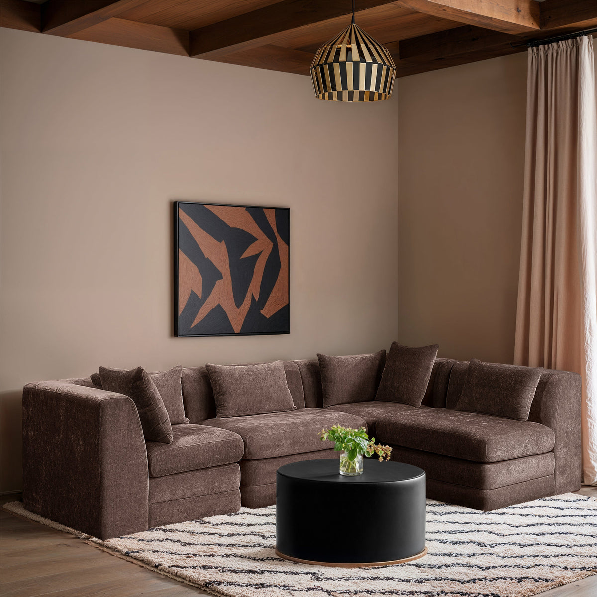 Stellar 114in Brown Chenille Fabric Upholstered 4 Piece Modular Sectional Sofa