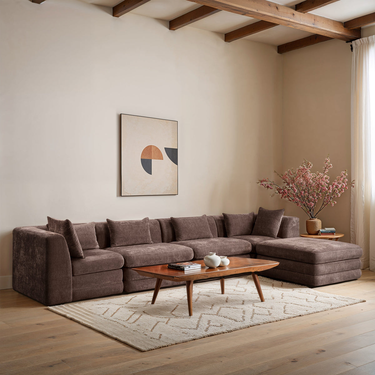 Stellar 152in Brown Chenille Fabric Upholstered 5 Piece Modular Sectional Sofa