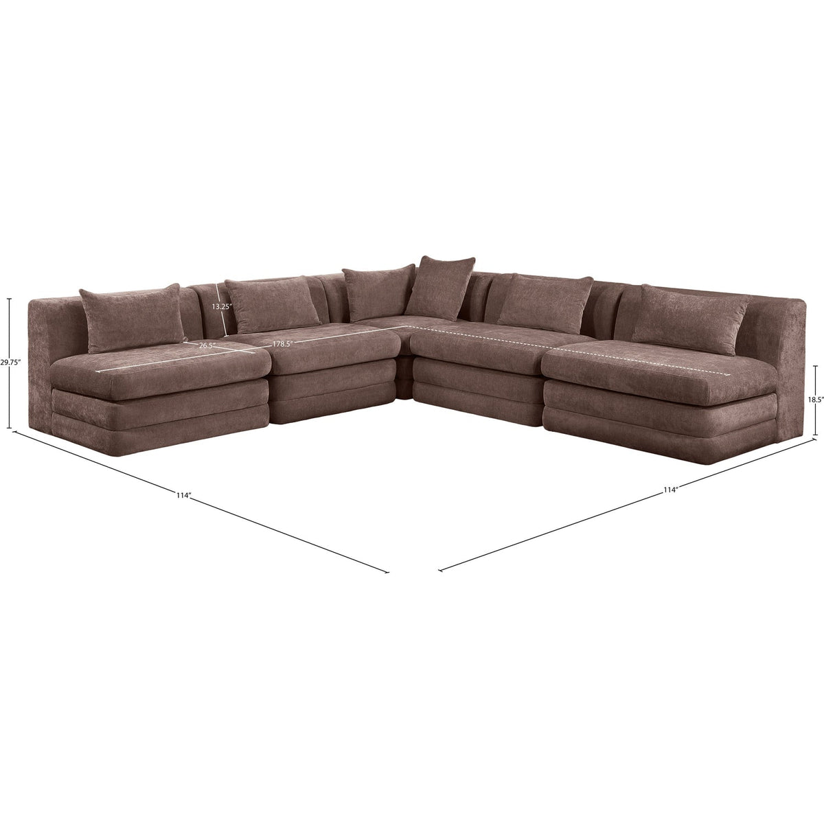 Stellar 114in Brown Chenille Fabric Upholstered 5 Piece Modular Sectional Sofa