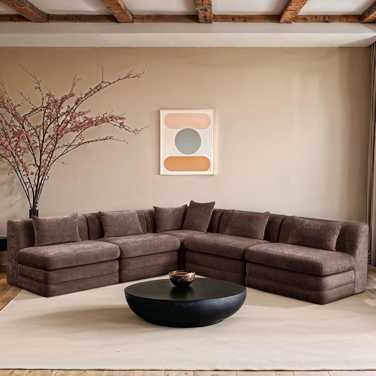 Stellar 114in Brown Chenille Fabric Upholstered 5 Piece Modular Sectional Sofa