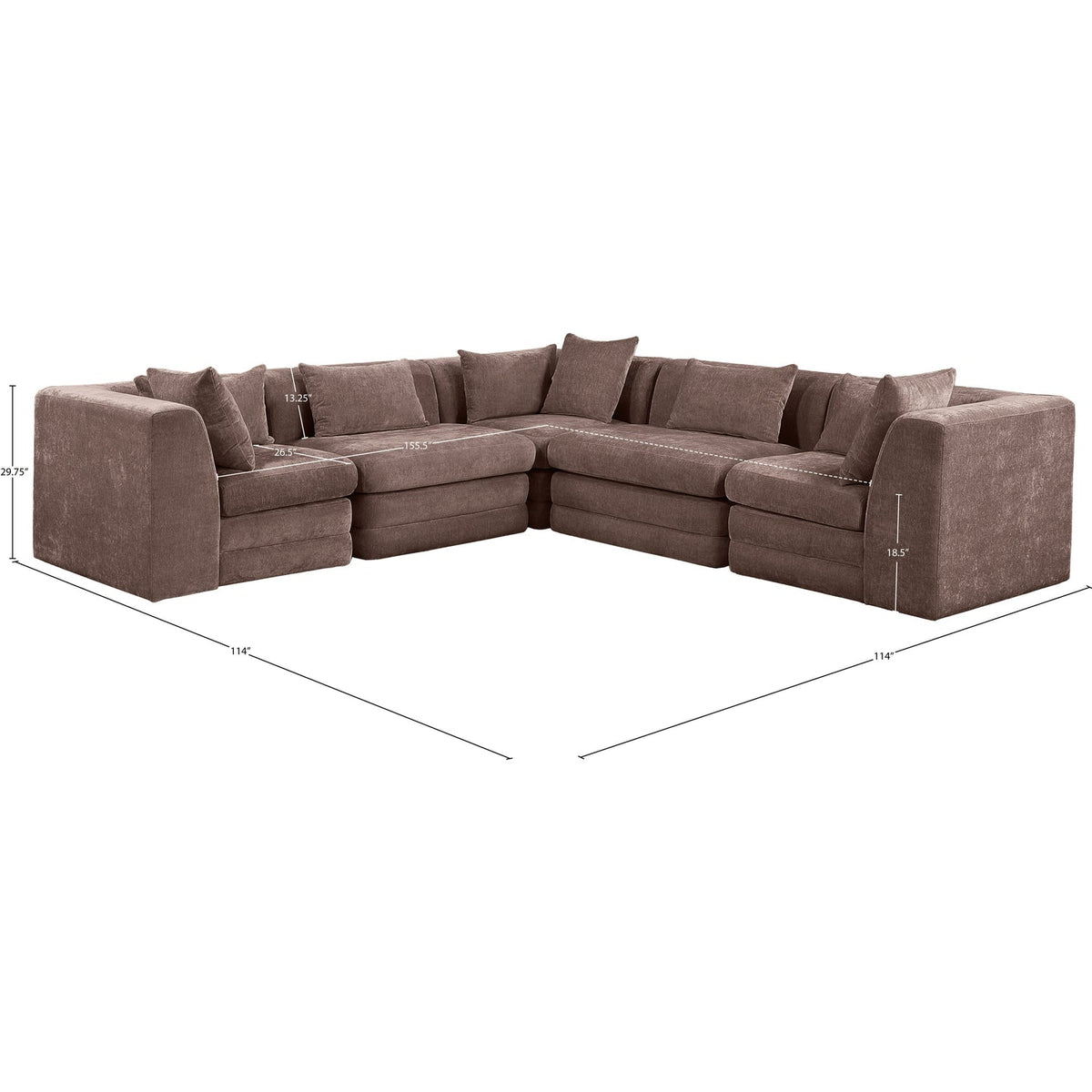 Stellar 114in Brown Chenille Fabric Upholstered 5 Piece Modular Sectional Sofa