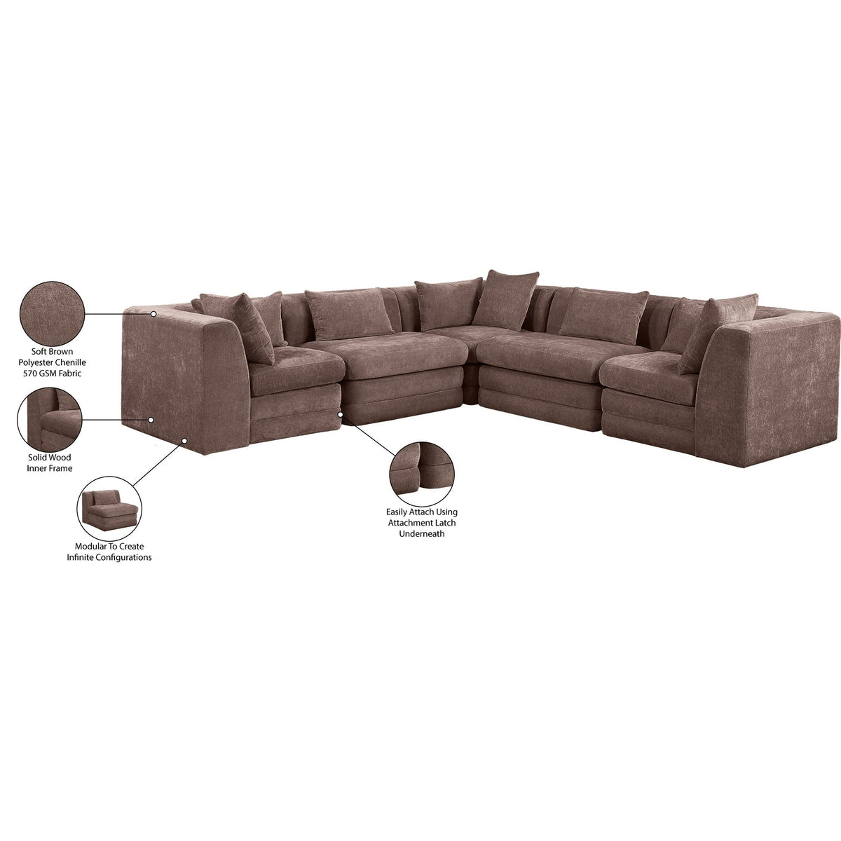 Stellar 114in Brown Chenille Fabric Upholstered 5 Piece Modular Sectional Sofa
