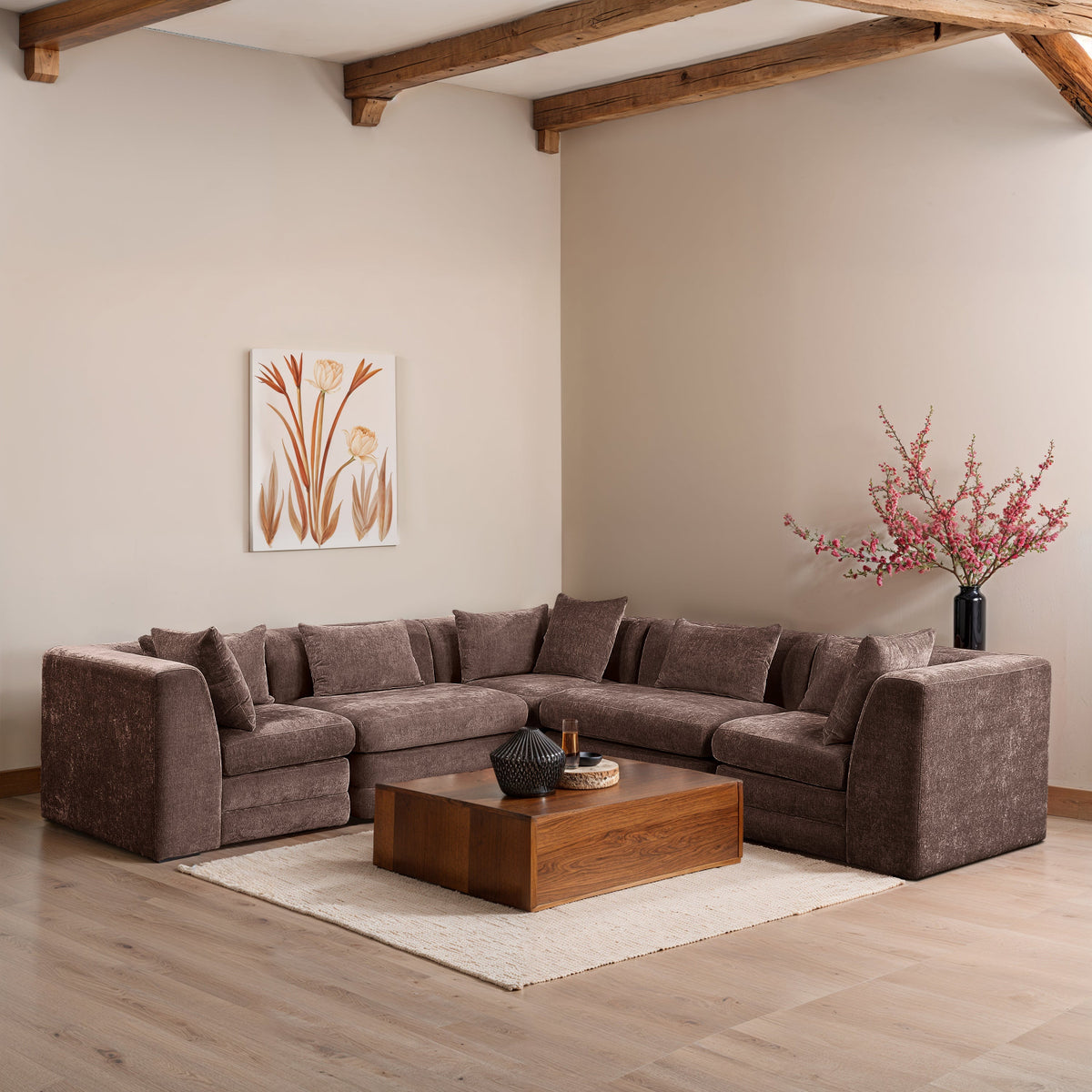 Stellar 114in Brown Chenille Fabric Upholstered 5 Piece Modular Sectional Sofa
