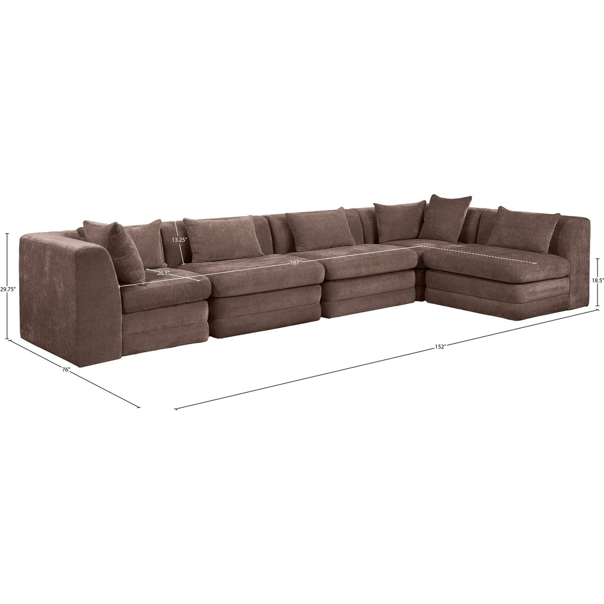 Stellar 152in Brown Chenille Fabric Upholstered 5 Piece Modular Sectional Sofa