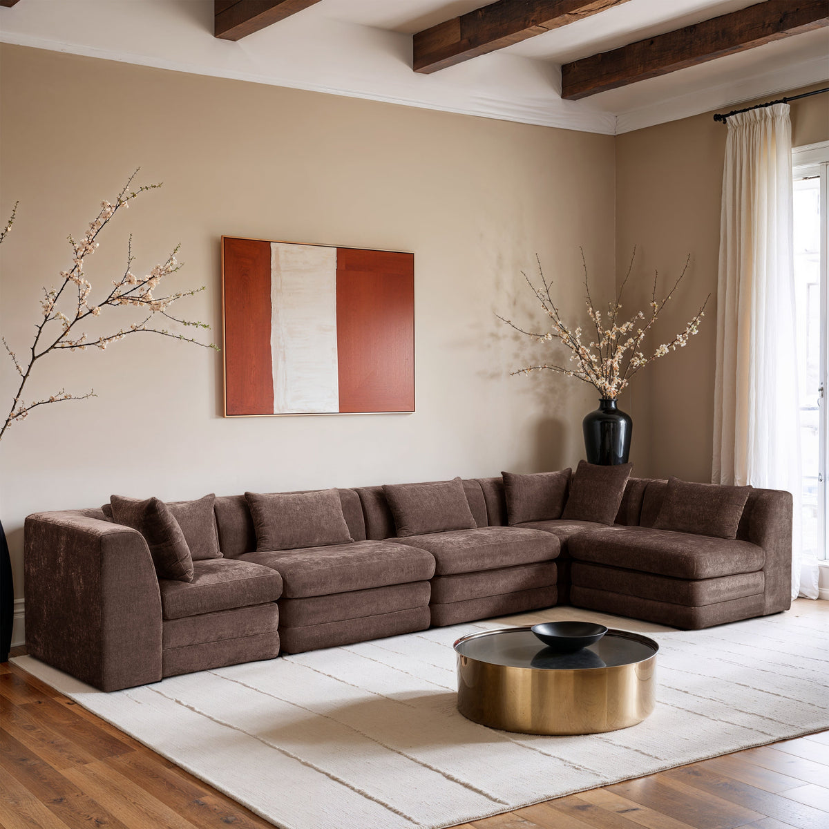 Stellar 152in Brown Chenille Fabric Upholstered 5 Piece Modular Sectional Sofa