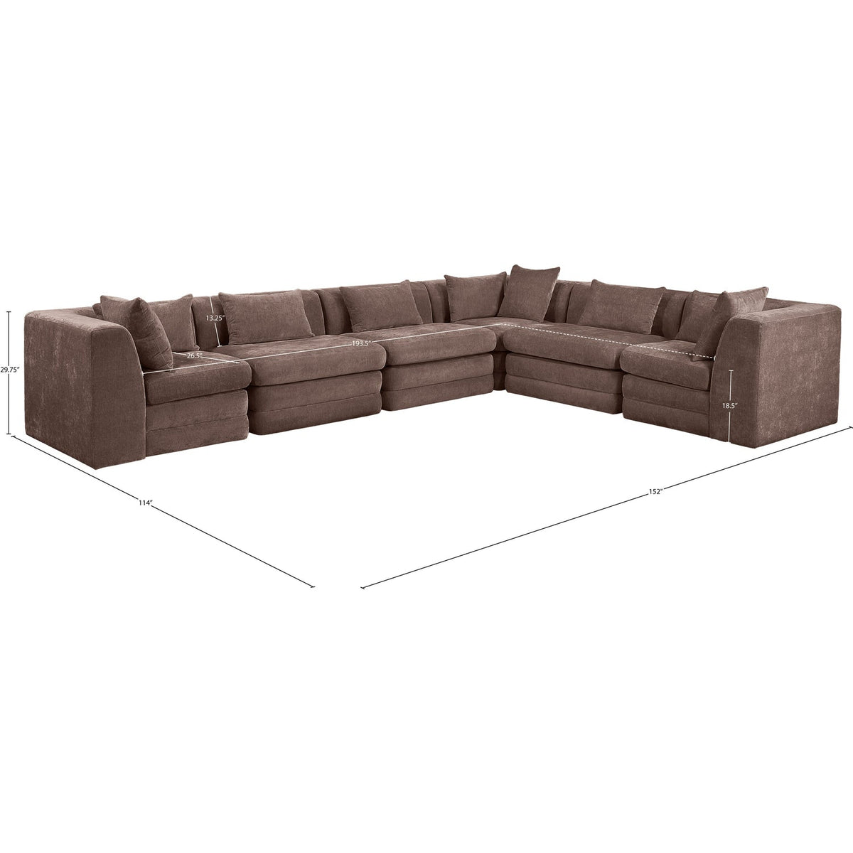 Stellar 152in Brown Chenille Fabric Upholstered 6 Piece Modular Sectional Sofa