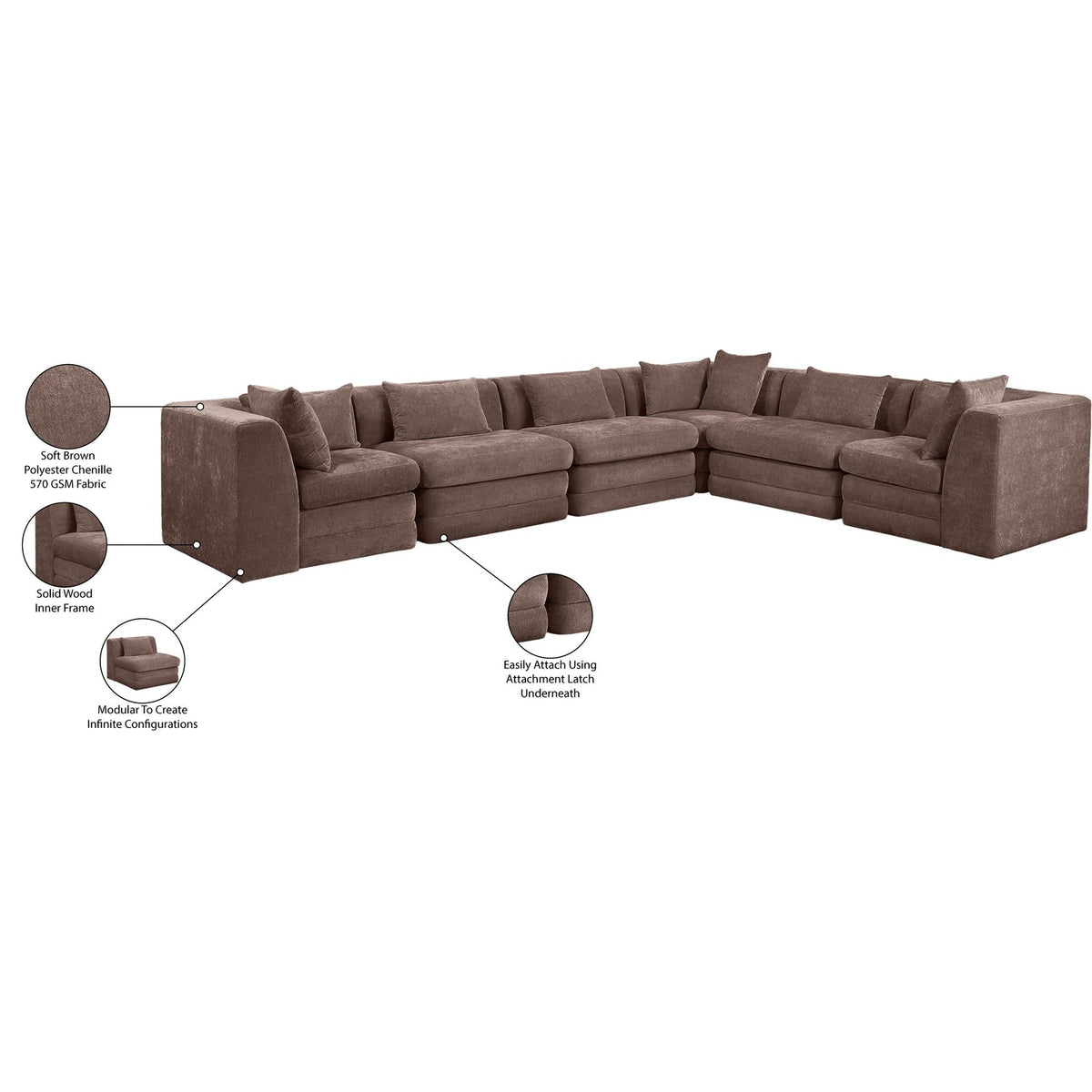 Stellar 152in Brown Chenille Fabric Upholstered 6 Piece Modular Sectional Sofa