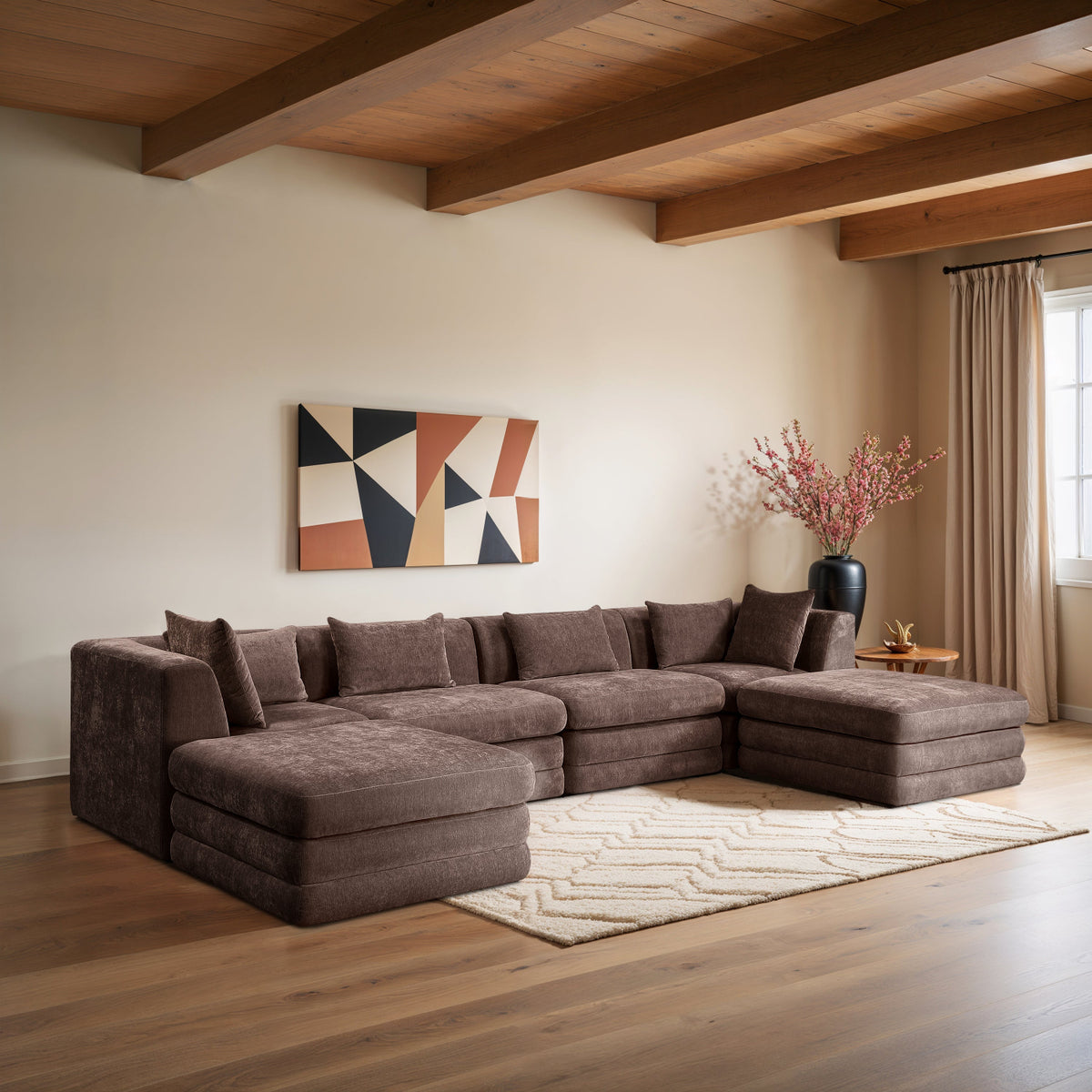 Stellar 152in Brown Chenille Fabric Upholstered 6 Piece Modular Sectional Sofa